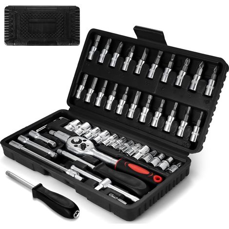 46-teiliges Kfz-werkzeugset, Heimwerkerwerkzeug, Ratschenset, Steckschlüssel, Komplettkoffer, 1/4"-ratsche