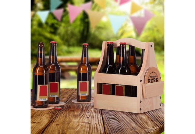 Relaxdays - Bierträger aus Holz, mit Flaschenöffner & Bierdeckel, Flaschenträger 6 Flaschen, Männerhandtasche Bier, natur