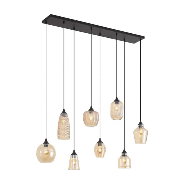Art Deco Hängelampe schwarz mit Bernsteinglas 8-flammig - Hanne
