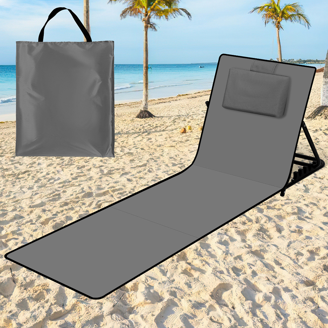 Randaco Manta De Playa 145 X 47 Cm, Tumbona Acolchada Con Respaldo Plegable, Esterilla De Playa Transportable Para Exteriores, Gris