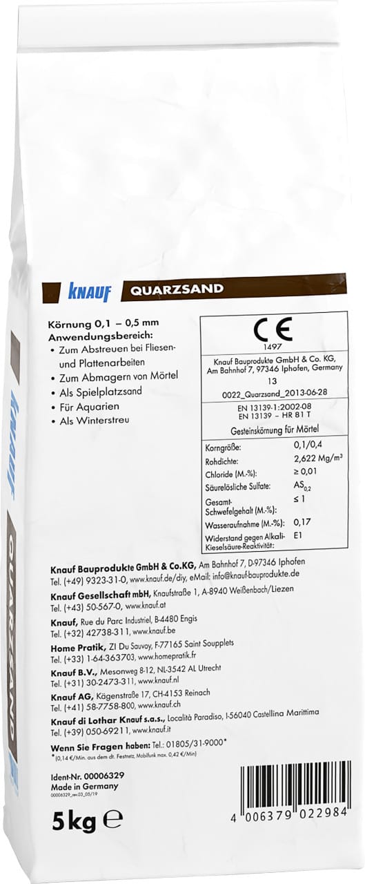 Quarzsand hellgrau 5kg Filtersand Filterkies Innen/Außen - Knauf