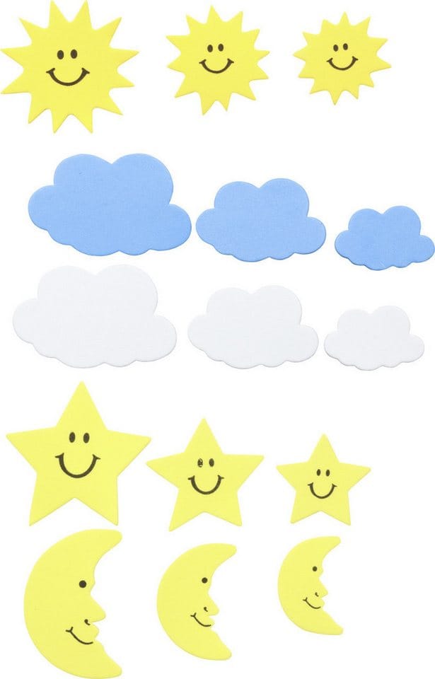 Glorex Gmbh - Glorex Moosgummi Sticker Sonne Mond Wolken selbstklebend , 52 Stück Bastelmaterial