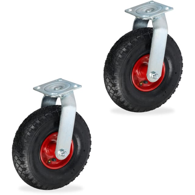 Relaxdays Lenkrollen 2er Set, luftbereift, 3.00-4, Schwerlastrollen, Platte zum Anschrauben, bis 240 kg, schwarz/rot