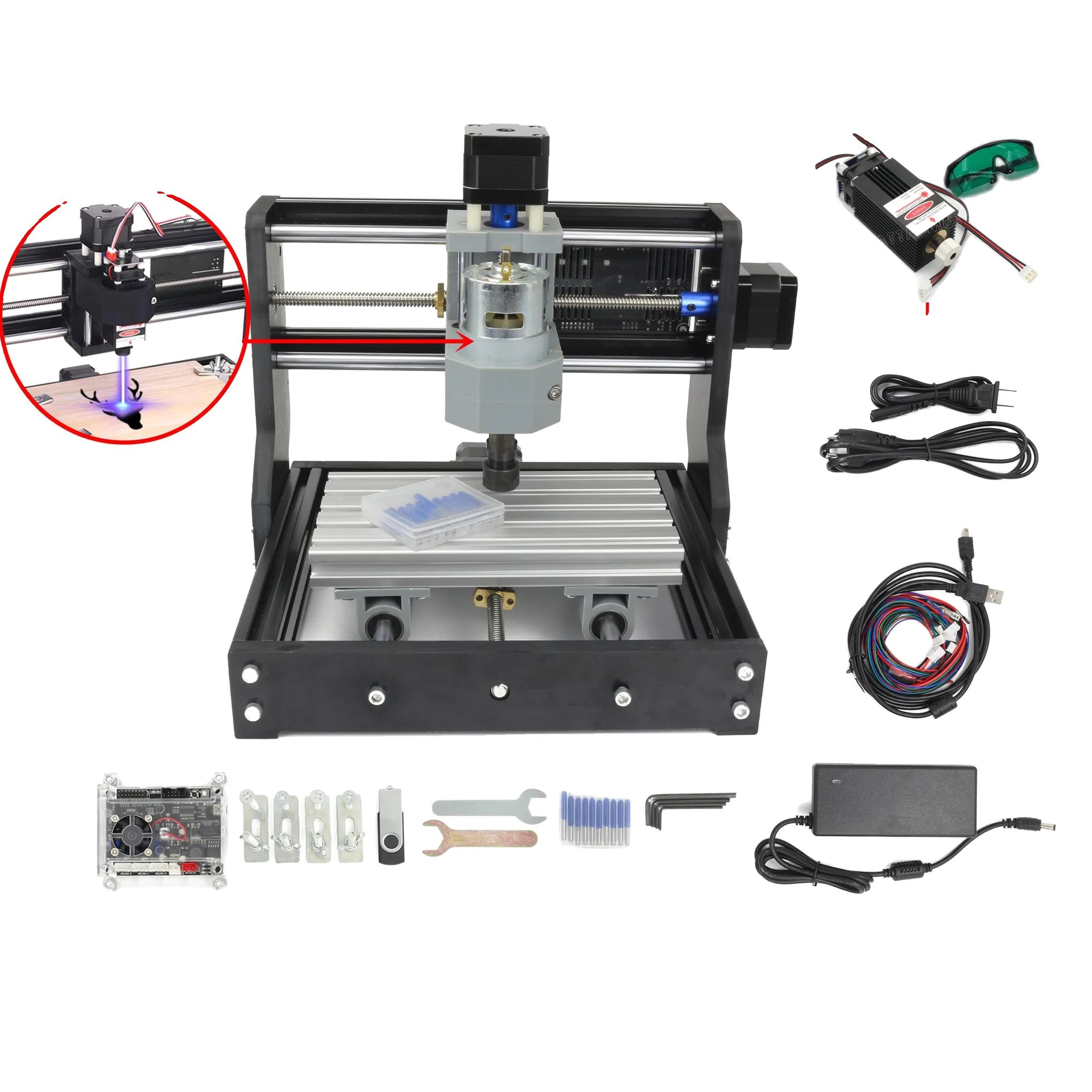 Diy-mini-cnc-maschine, 3 Achsen, Kompaktes Design, Mit 1-w-laser