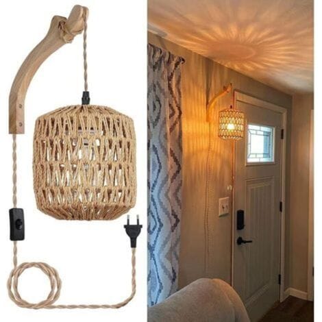 Wandleuchte Aus Holz, Vintage-wandlampe, Lampenschirm Aus Gewebtem Hanfseil, Retro-nachttischlampe E27 (leuchtmittel Nicht Enthalten)