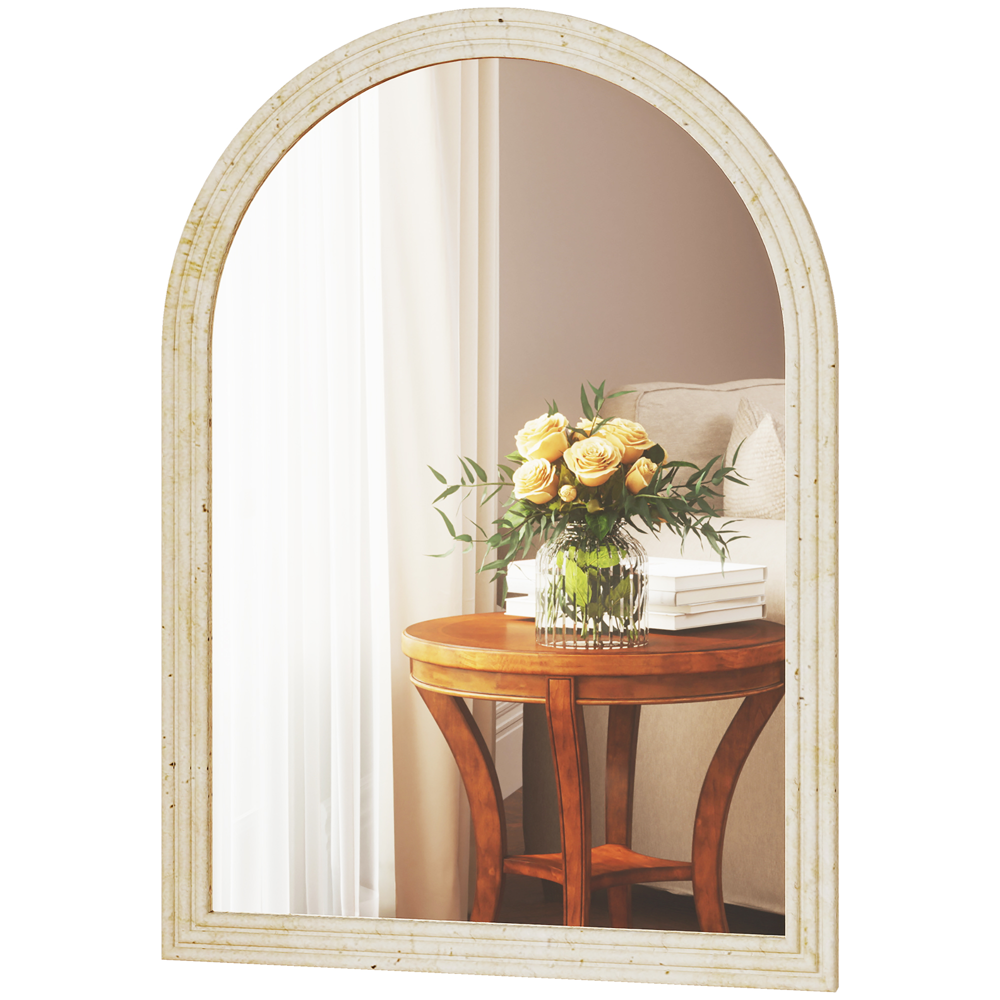 Moderner, Gebogener Wandspiegel, Geriffelter Rahmen Mit Haken, Sicherheitsglas Und Polystyrol, 50 X 70 Cm, Beige