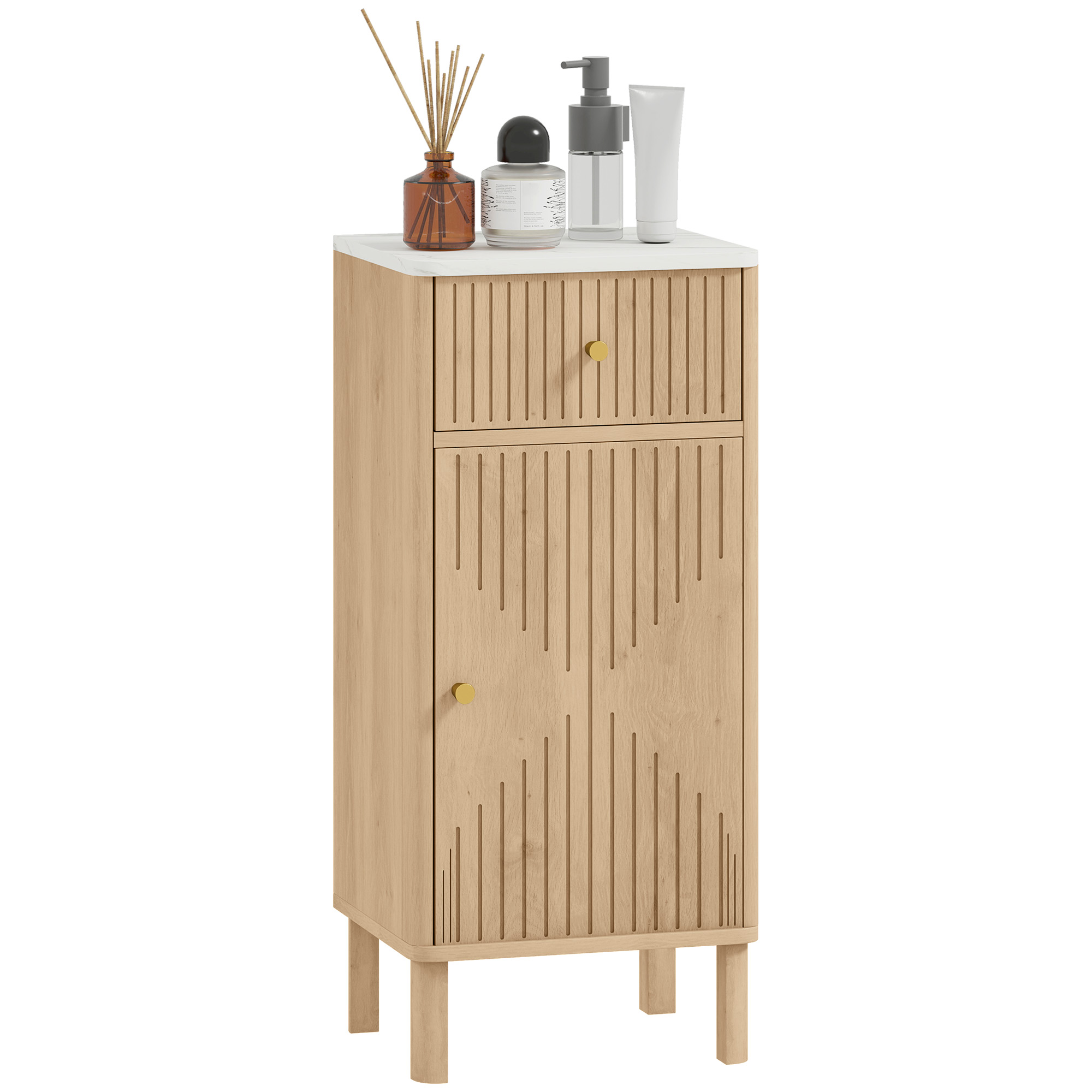 Badezimmerschrank Mit Marmorplatte Und Geriffelter Tür, Schublade, 36 X 30 X 80 Cm, Eiche