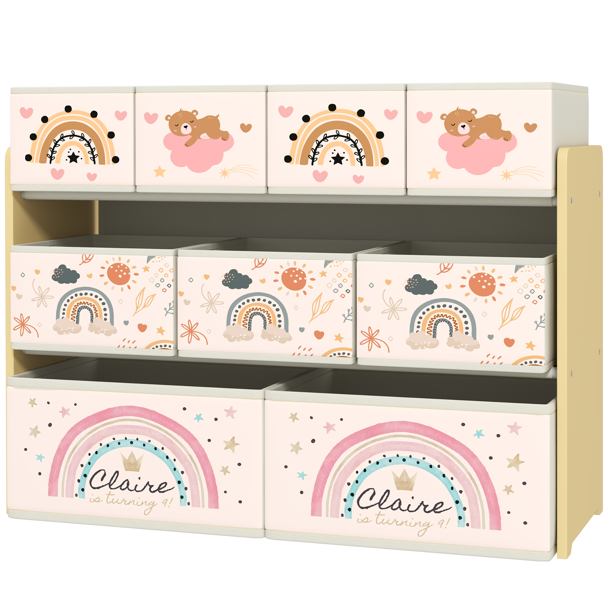 Dreistöckiges Kinderregal Mit Neun Fächern Aus Gelbem Vliesstoff, 93 X 30 X 70 Cm