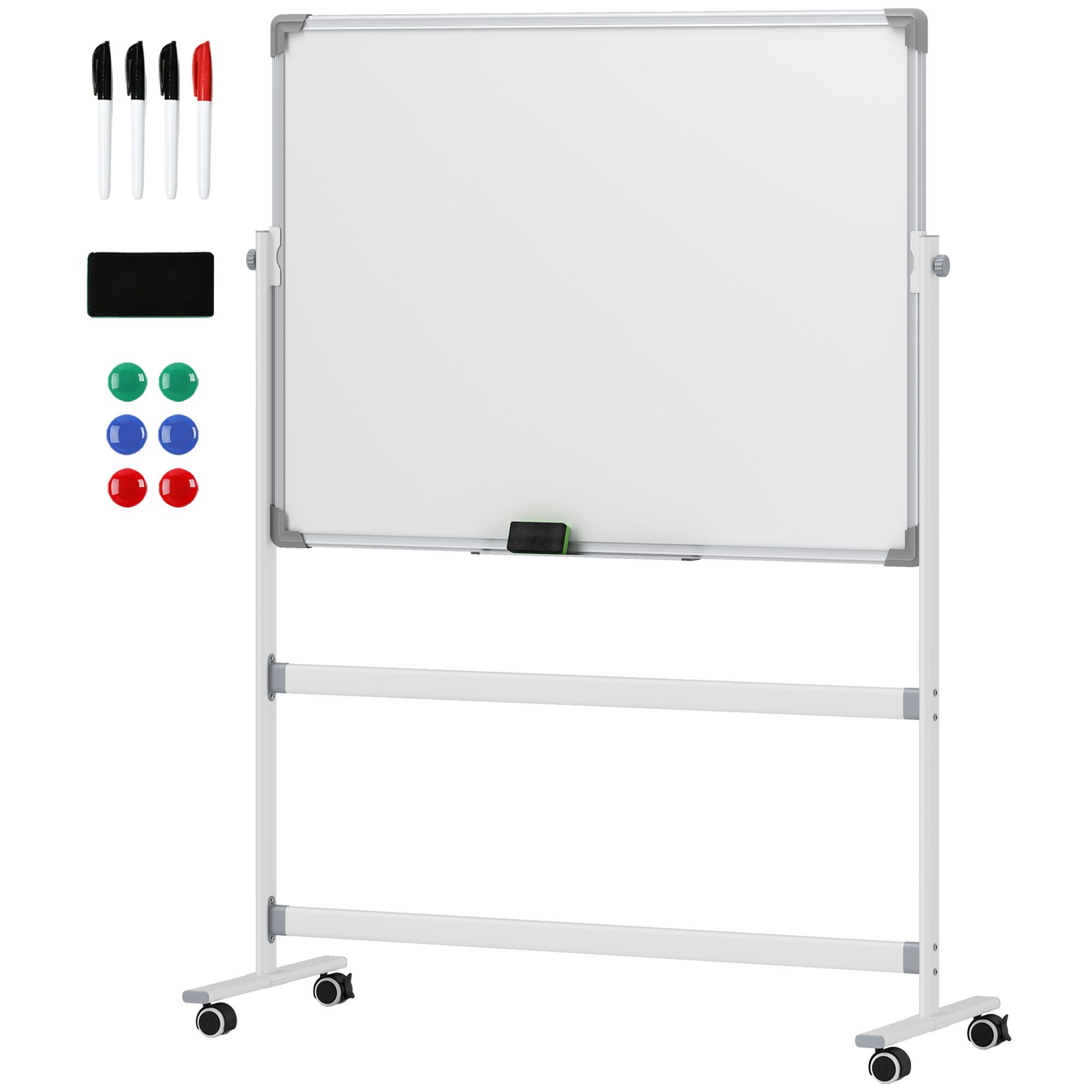 Mobile, Drehbare, Doppelseitige Magnettafel Mit Ständer, Markern, Schwamm Und Rollen