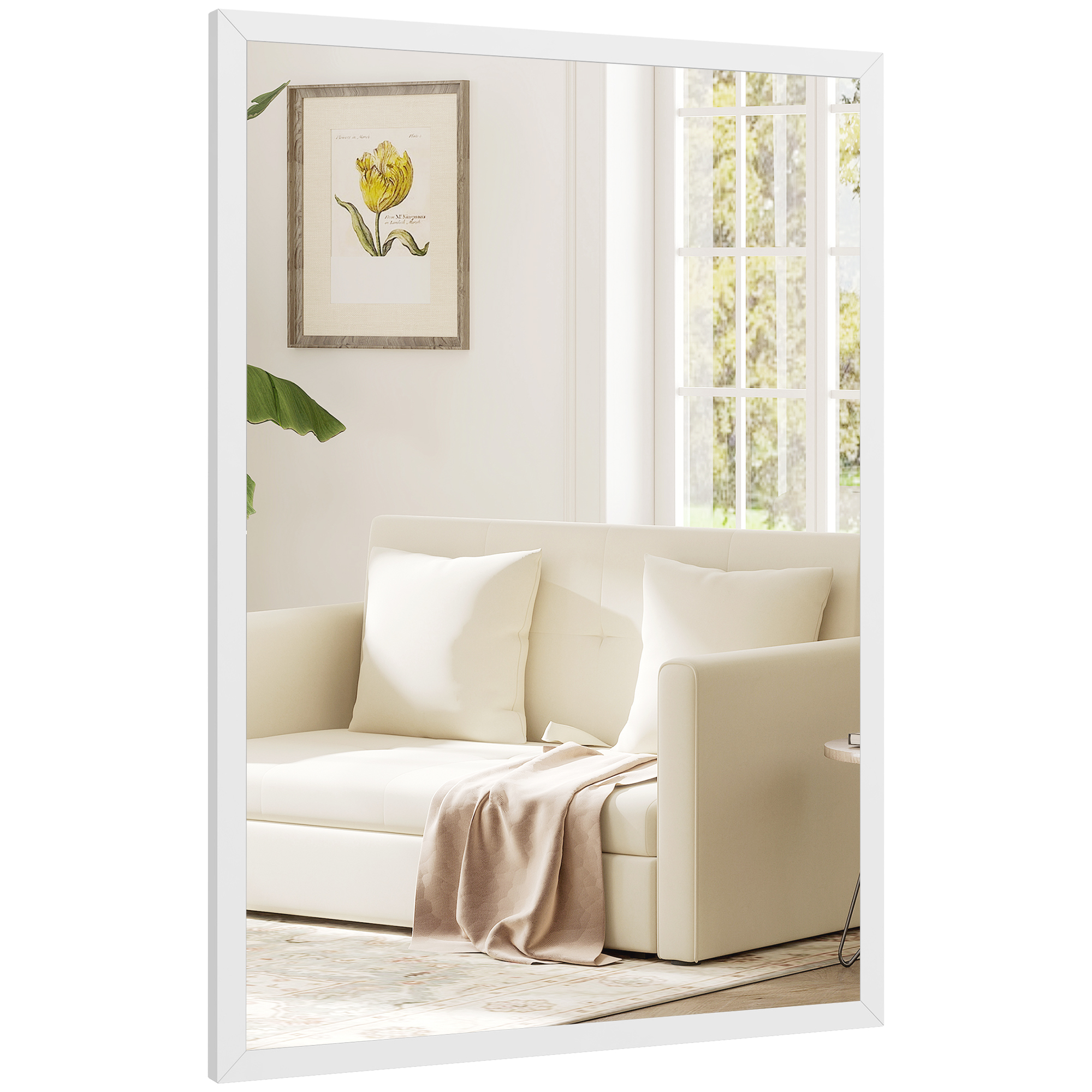 Rechteckiger Wandspiegel 60x40 Cm, Weißer Holzrahmen, Für Badezimmer, Wohnzimmer, Schlafzimmer
