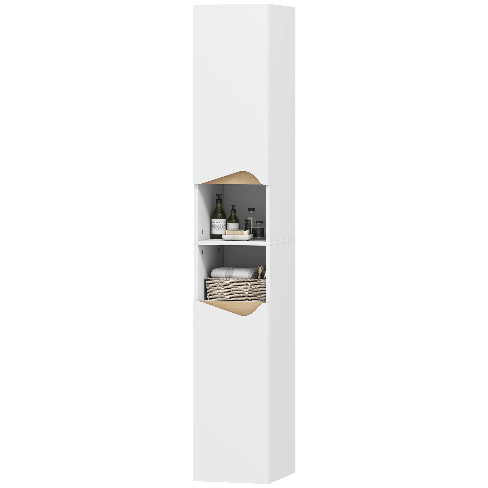 Schmaler, Weißer Säulen-badezimmerschrank, 30 X 34,6 X 180,5 Cm, 2 Türen, Offene Fächer, Verstellbare Einlegeböden