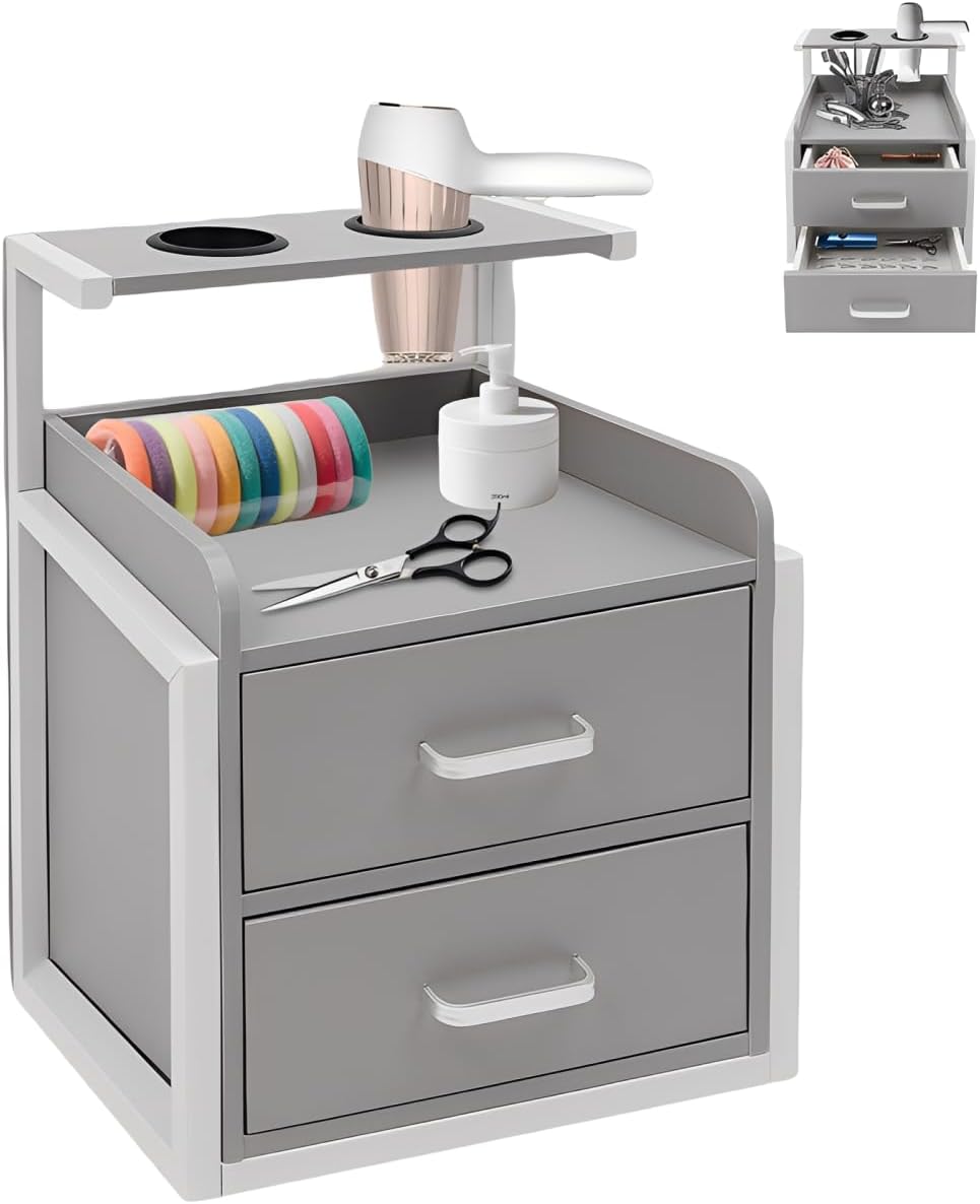 Wandschrank Für Friseursalons, 40 × 30 × 48 Cm, Offenes Fach, 2 Schubladen, Tragfähigkeit 30–50 Kg Geeignet Für Badezimmer, Schlafzimmer, Friseursalons Usw. Grau & Weiß.