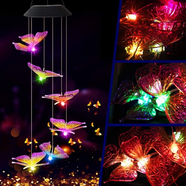 Solar-Schmetterlings-Windspiel - Farbwechselndes LED-Solar-Windspiel für den Außenbereich, Innenräume, Garten, Hof, Dekoration (Lila Flügel)