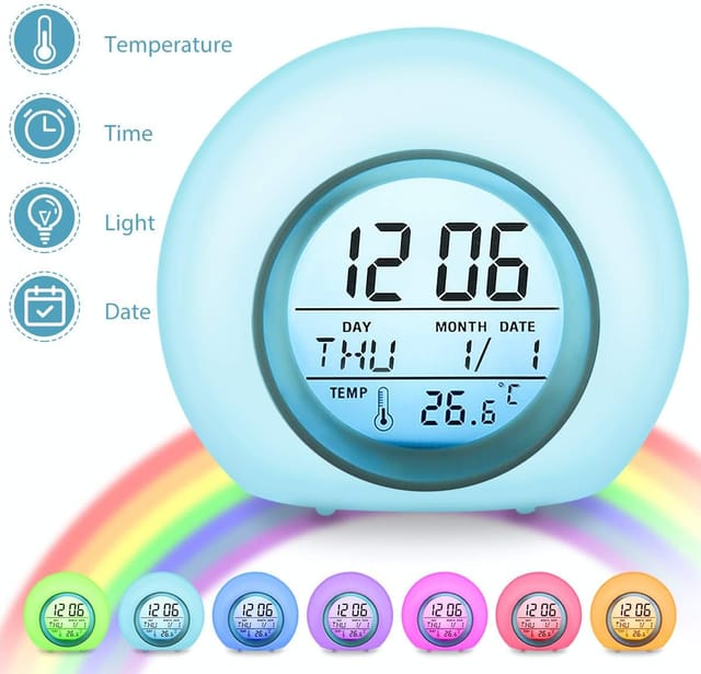 Digitaler Kinderwecker mit 7 Farben, Kinderwecker mit Kalender und Thermometer, kreativer runder Wecker mit LED-Nachtlicht für Kinder und Babys