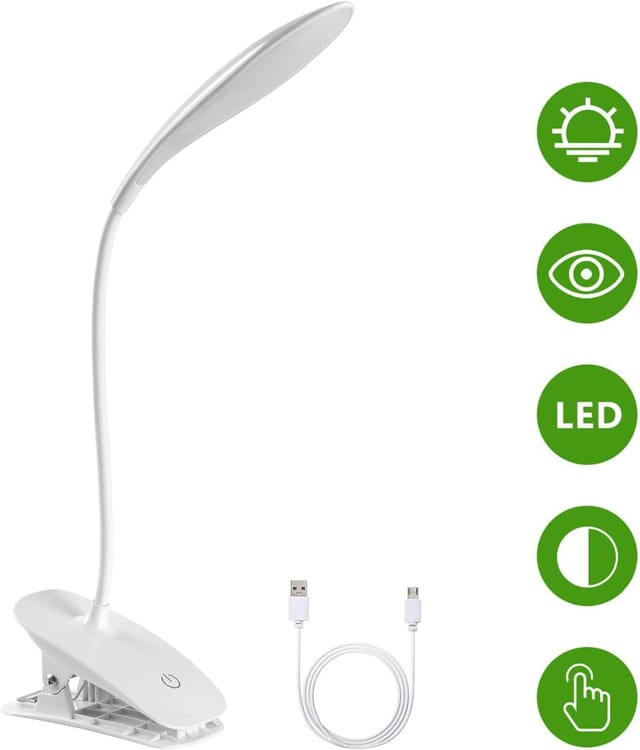 LED-Schreibtischlampe, USB-wiederaufladbare Klemm-Leselampe, 3 einstellbare Farbtemperaturen und Helligkeit für Bett, Kinder, Lesen