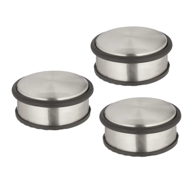 Relaxdays Türstopper 3er Set, HxD 4,5 x 10,5 cm, flach & schwer, rutschfest, Türzuschlagbremse Edelstahl, silber/schwarz
