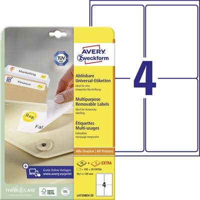 Avery Zweckform - Universaletikett 99,1 x 139 mm (b x h) wieder ablösbar Papier weiß 120 Etik./Pack.
