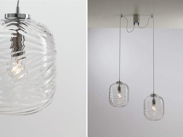 Led Pendelleuchte 2-flammig Wellenmuster Klarglas Transparent, Höhe 250cm