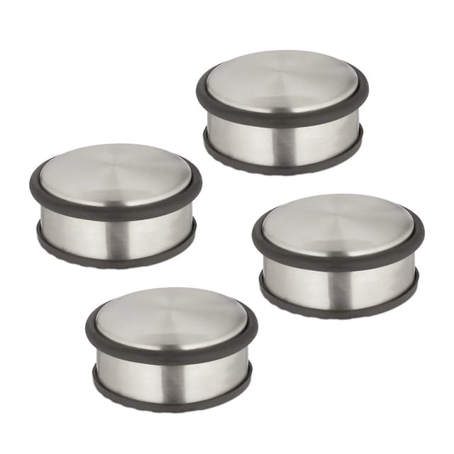 Relaxdays Türstopper 4er Set, HxD 4,5 x 10,5 cm, flach & schwer, rutschfest, Türzuschlagbremse Edelstahl, silber/schwarz