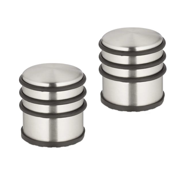 Relaxdays Türstopper Edelstahl, 2er Set, HxD: 7,5 x 7 cm, hoch & schwer, rutschfest, Türzuschlagbremse, silber/schwarz