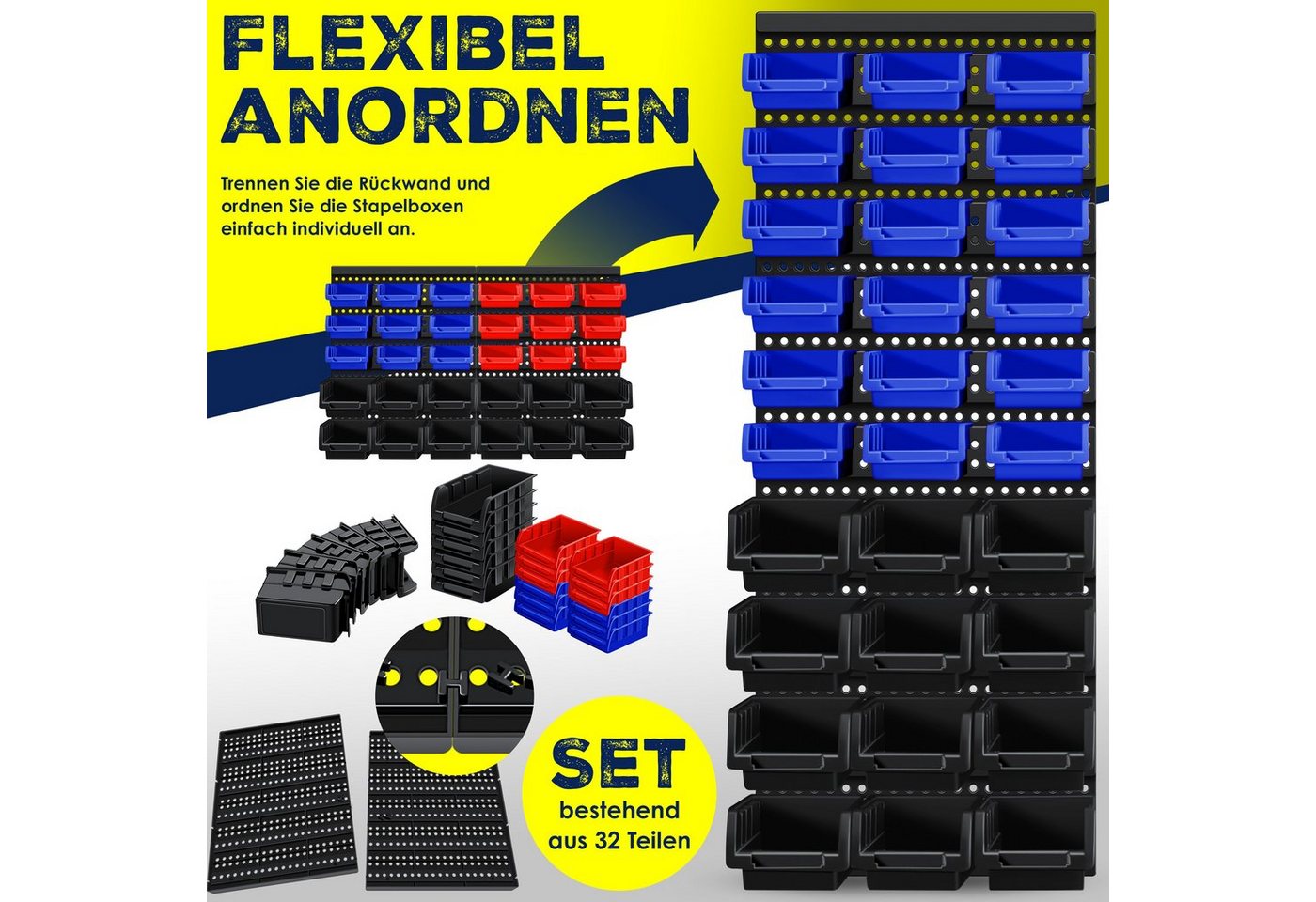 Stapelboxen Wandregal 32tlg Box Sichtlagerkästen Schüttenregal Steckregal Schwarz/Blau/Rot - Masko