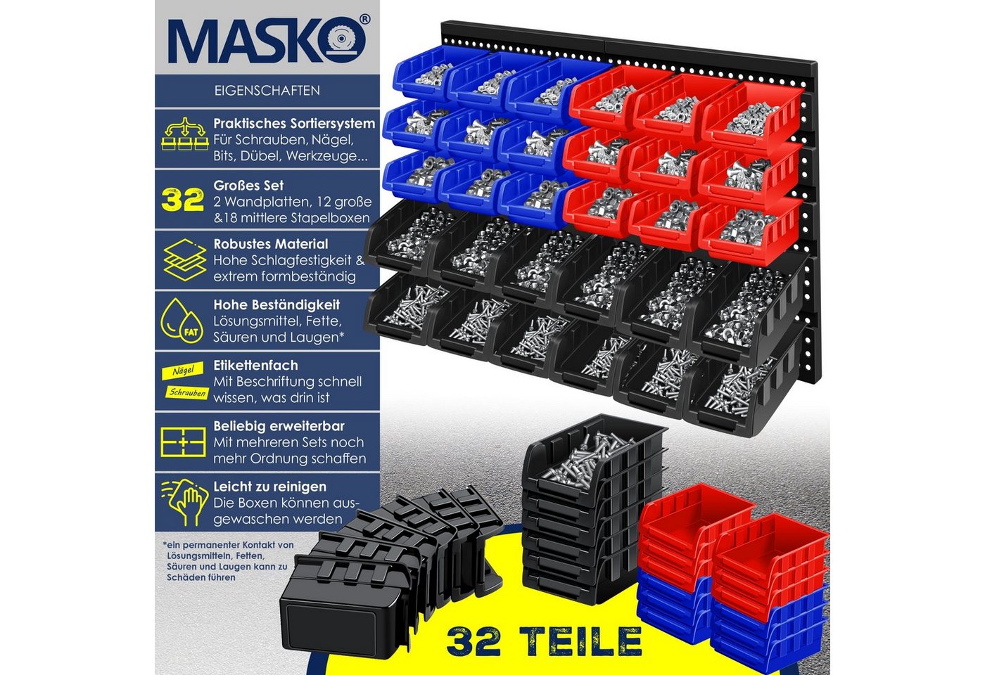 Stapelboxen Wandregal 32tlg Box Sichtlagerkästen Schüttenregal Steckregal Schwarz/Blau/Rot - Masko Bild 3