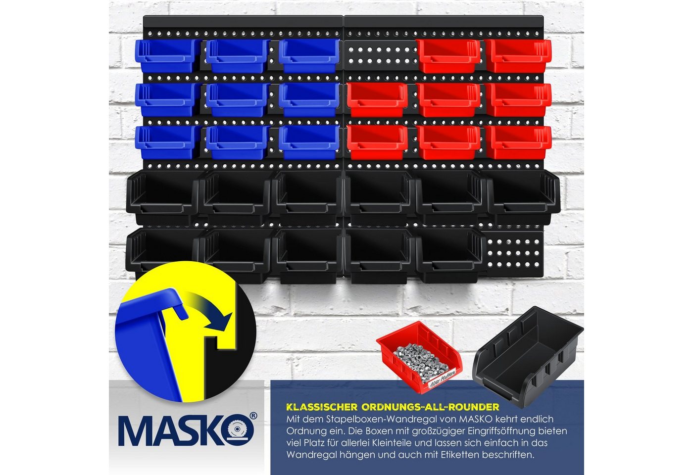 Stapelboxen Wandregal 32tlg Box Sichtlagerkästen Schüttenregal Steckregal Schwarz/Blau/Rot - Masko Bild 4