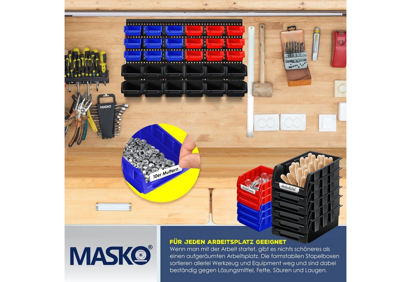 Stapelboxen Wandregal 32tlg Box Sichtlagerkästen Schüttenregal Steckregal Schwarz/Blau/Rot - Masko Bild 5
