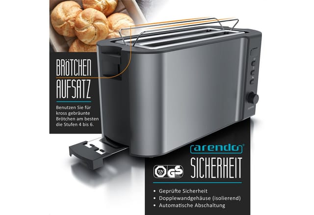 Toaster für 4 Scheiben Langschlitz, 1500W, mit Display, Doppelwandgehäuse wärmeisolierend, Brötchenaufsatz, Auftaufunktion, Grau - Arendo