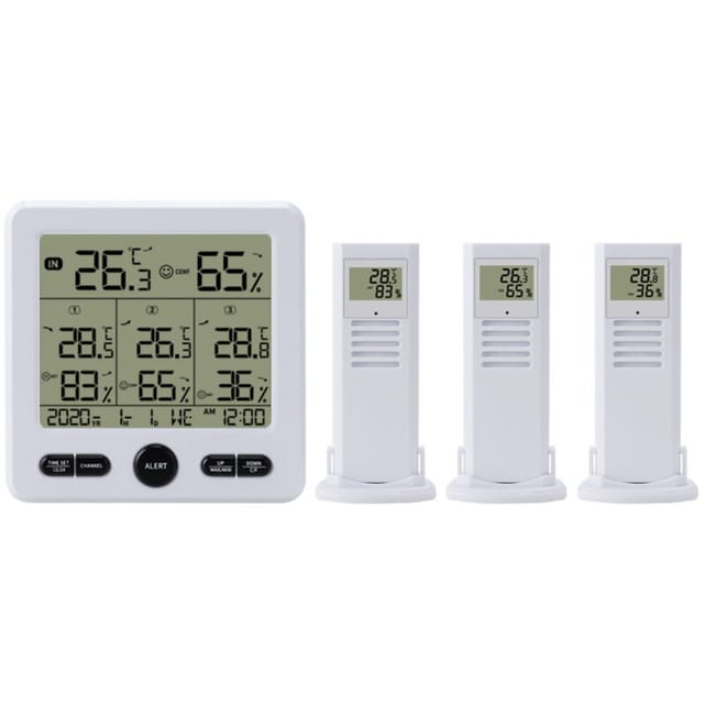 Thermometer und Hygrometer mit 3 externen Sensoren, Hintergrundbeleuchtung und großem LCD-Display, ℃/℉-Umschaltung
