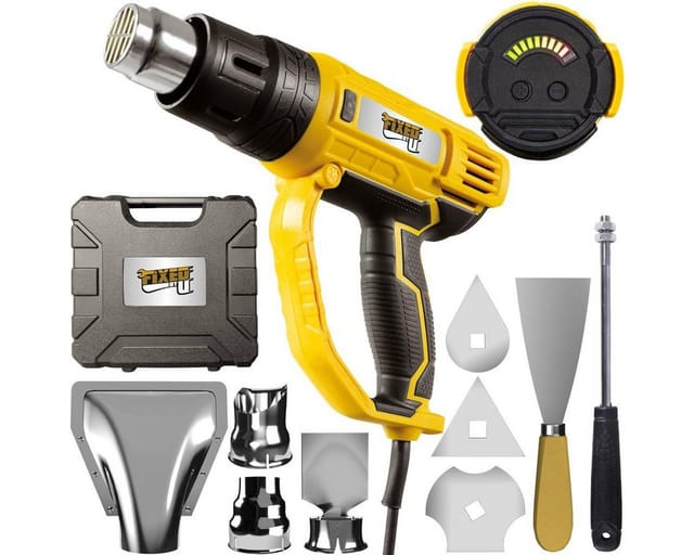 Grizzly Tools - FixedbyU Elektro-Heißluftpistole mit LED-Anzeige, Temperatur Einstellung von 60-600° c, 2000 Watt, umfangreiches Düsenzubehör & Koffer