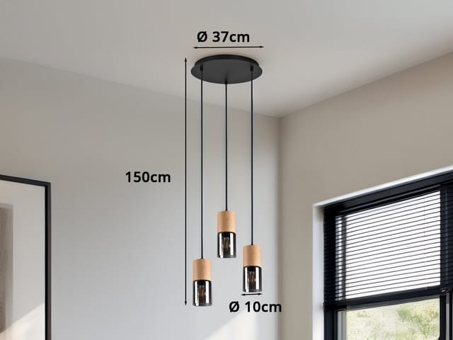 Meinewunschleuchte - Pendelleuchte yelle 3-flammig Lampenschirme Holz & Rauchglas, ø 37cm