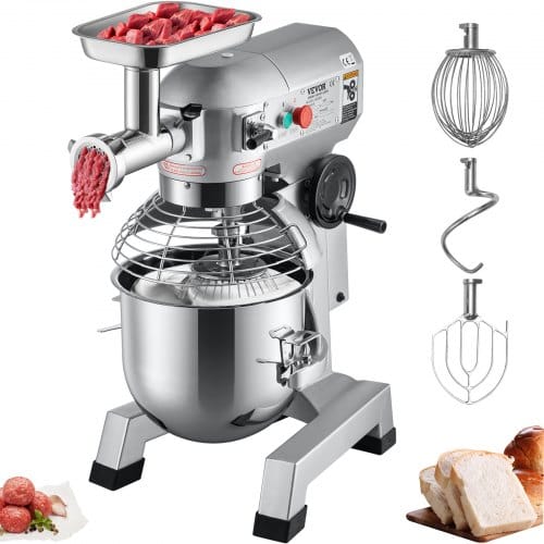 Vevor Küchenmaschine, 1100 W Knetmaschine 20 L Edelstahl Kompakt Küchenmaschine 120 Kg/h Fleischwolf, 20 L Schüssel, Standmixer 3 Geschwindigkeiten, Mixer Multifunktional Zerkleinerer