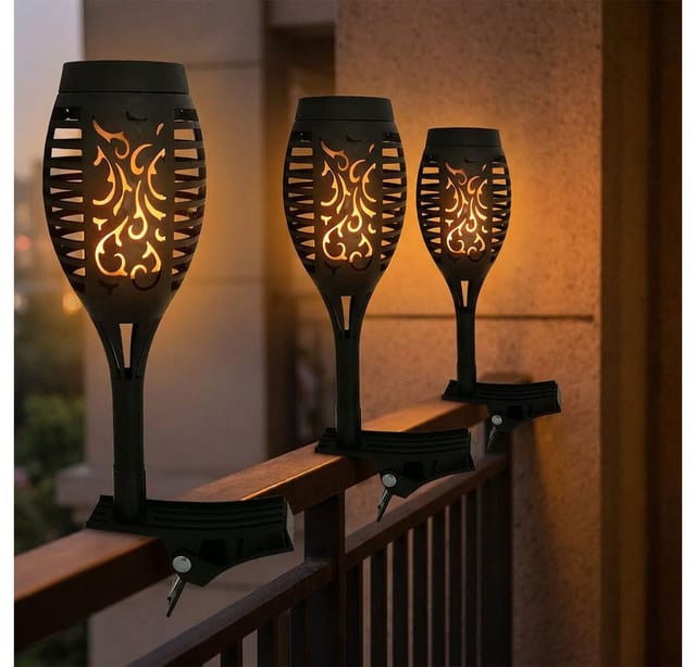 Led Solarfackeln für Außen flackernd Balkon Gartendeko Solar Gartenfackel mit Klemme, Geländerleuchte, Feuereffekt warmweiß, h 26 cm, 3er Set