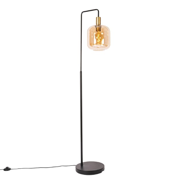 Design-Stehleuchte schwarz mit Messing und bernsteinfarbenem Glas – Zuzanna