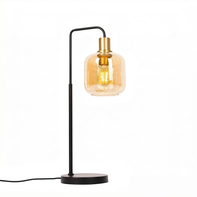 Design-Tischleuchte schwarz mit Messing und bernsteinfarbenem Glas - Zuzanna