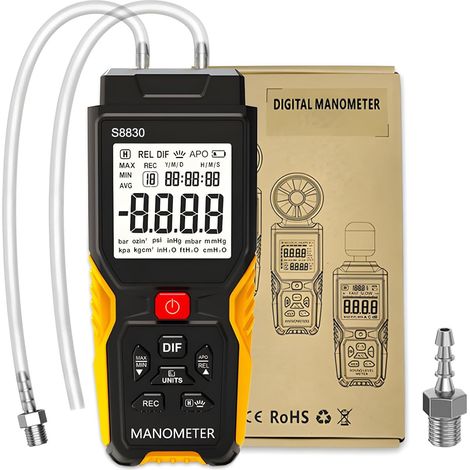 Gasdruckmessgerät Manometer ± 36,80 Kpa Luft, 12 Wählbare Einheiten, Differenzdruckanzeige, Doppelanschluss-hvac-differenzdruckmessgerät Mit Datenprotokollierungsfunktion -