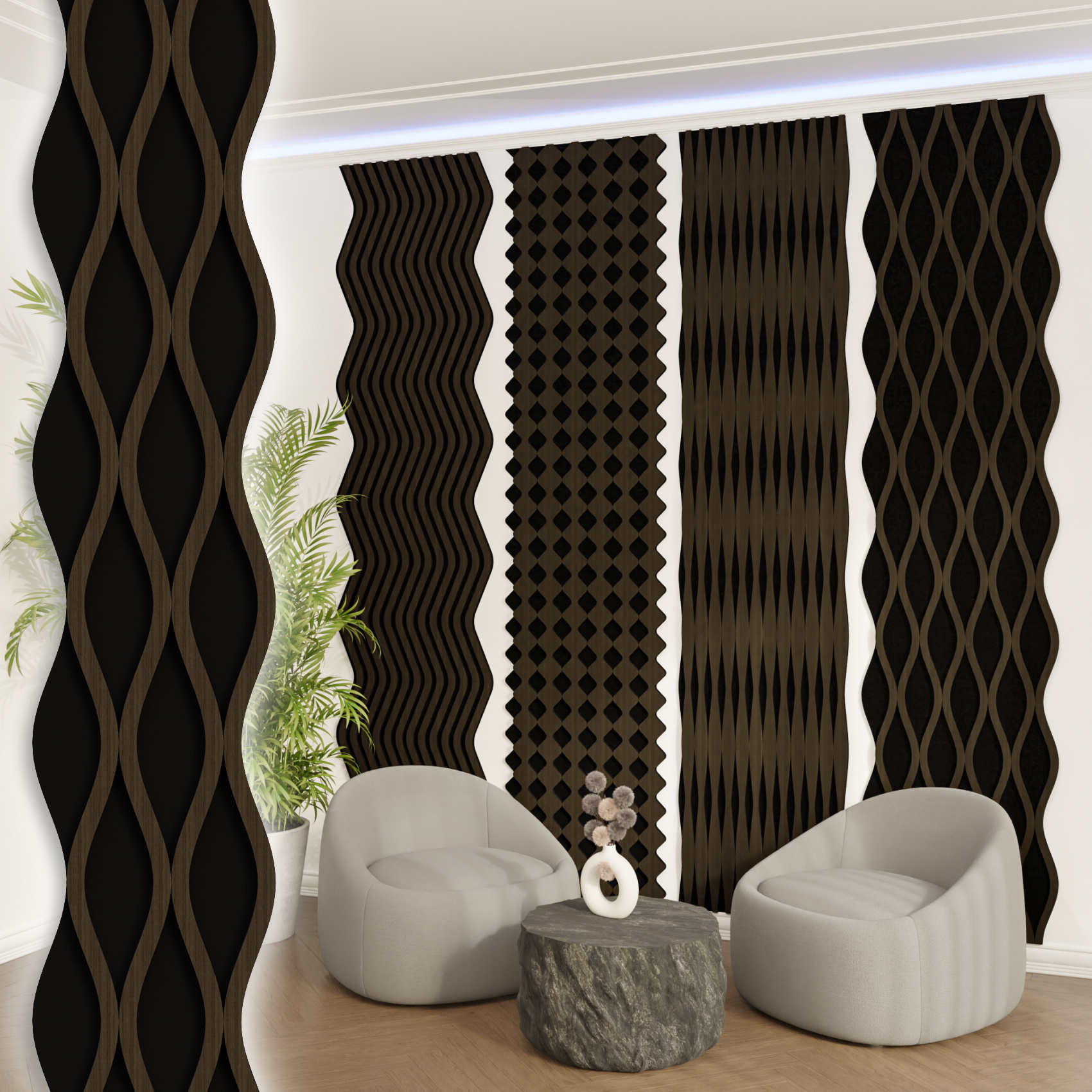 Akustiko Akustikpaneele Shaped 280x30cm Mdf Holz Wandpaneele Lamellen Xxl Holzpaneel Echtholzfunier 21mm Filz: Wave, 1 Paneel