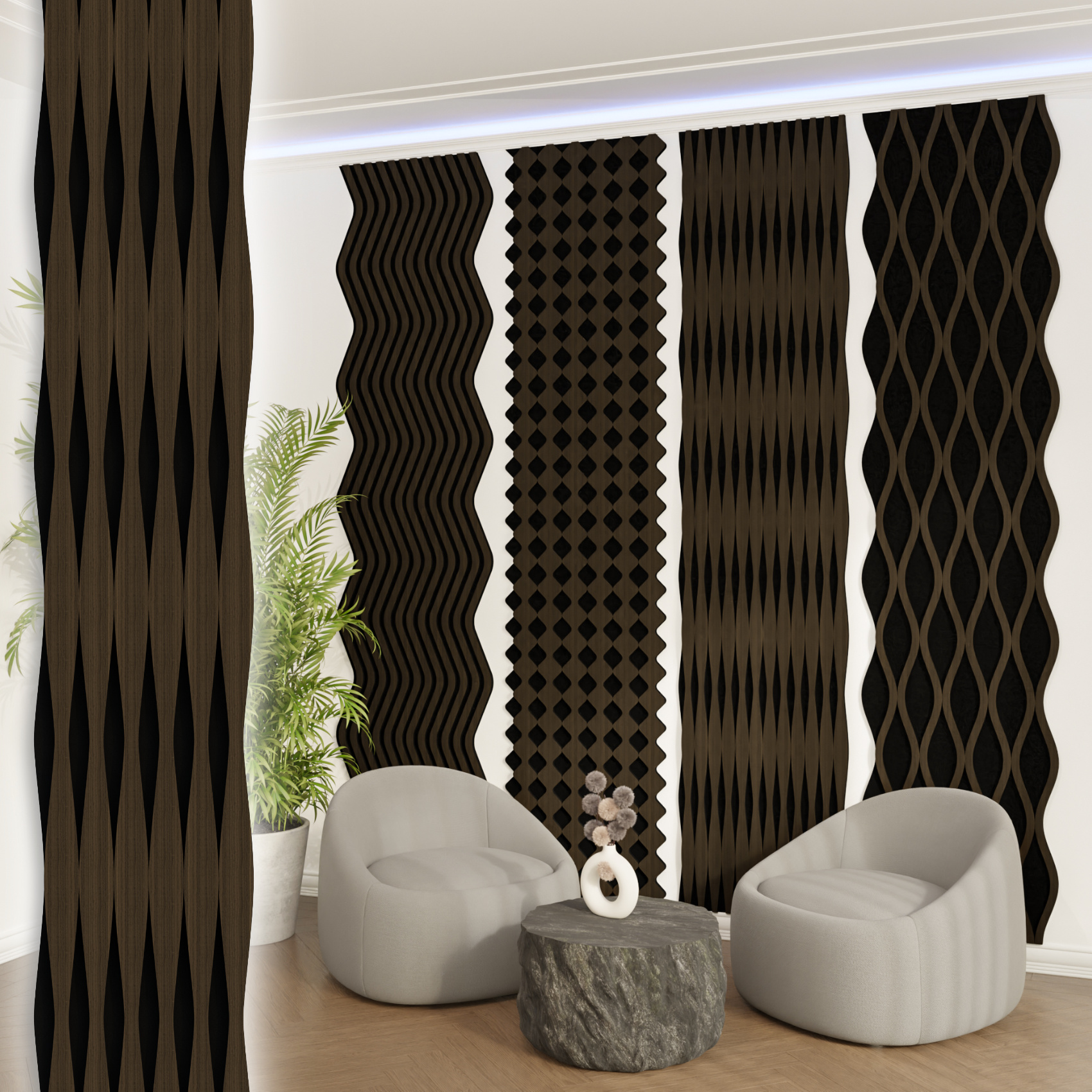 Akustiko Akustikpaneele Shaped 280x30cm Mdf Holz Wandpaneele Lamellen Xxl Holzpaneel Echtholzfunier 21mm Filz: Echo, 4 Paneele