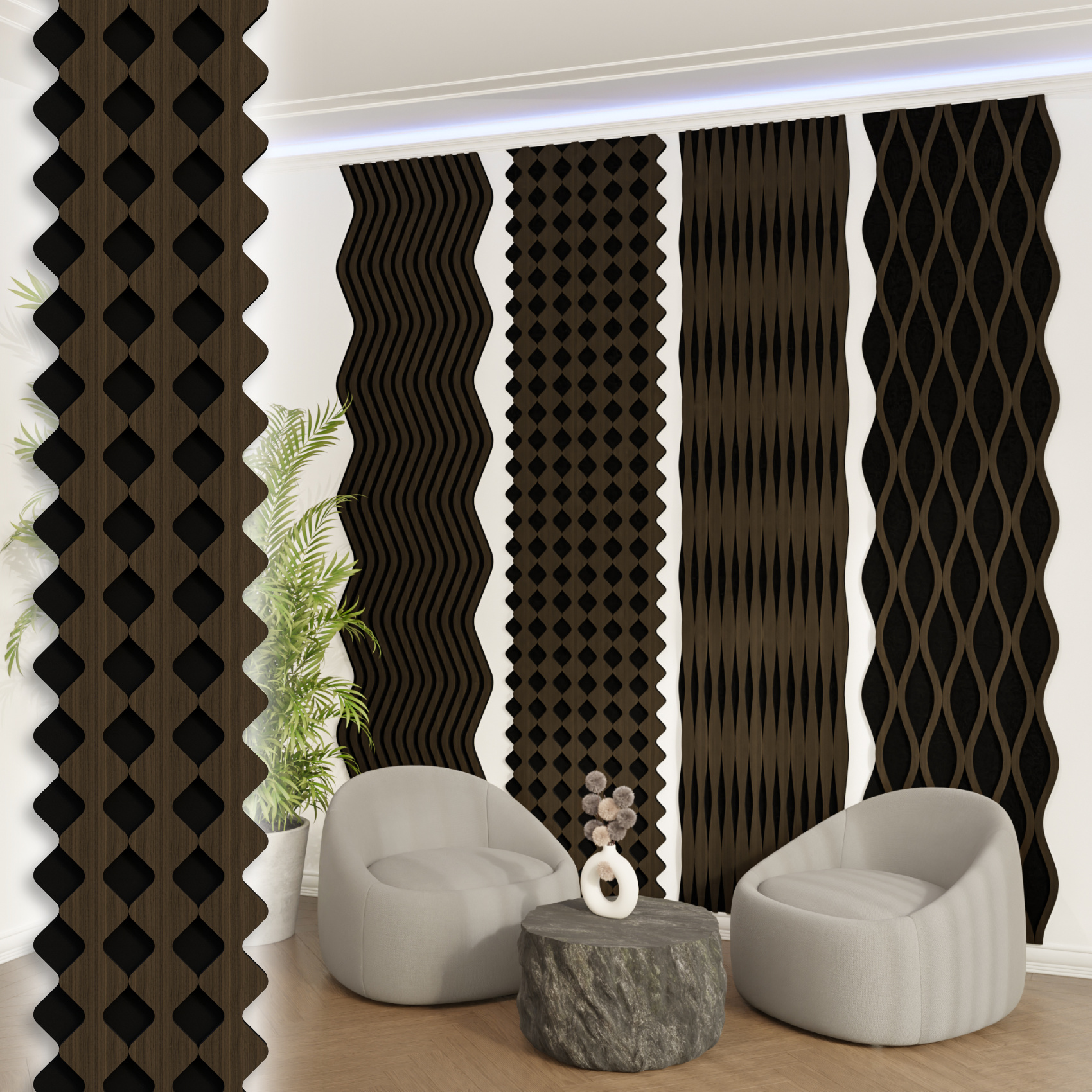 Akustiko Akustikpaneele Shaped 280x30cm Mdf Holz Wandpaneele Lamellen Xxl Holzpaneel Echtholzfunier 21mm Filz: Diamond, 2 Paneele