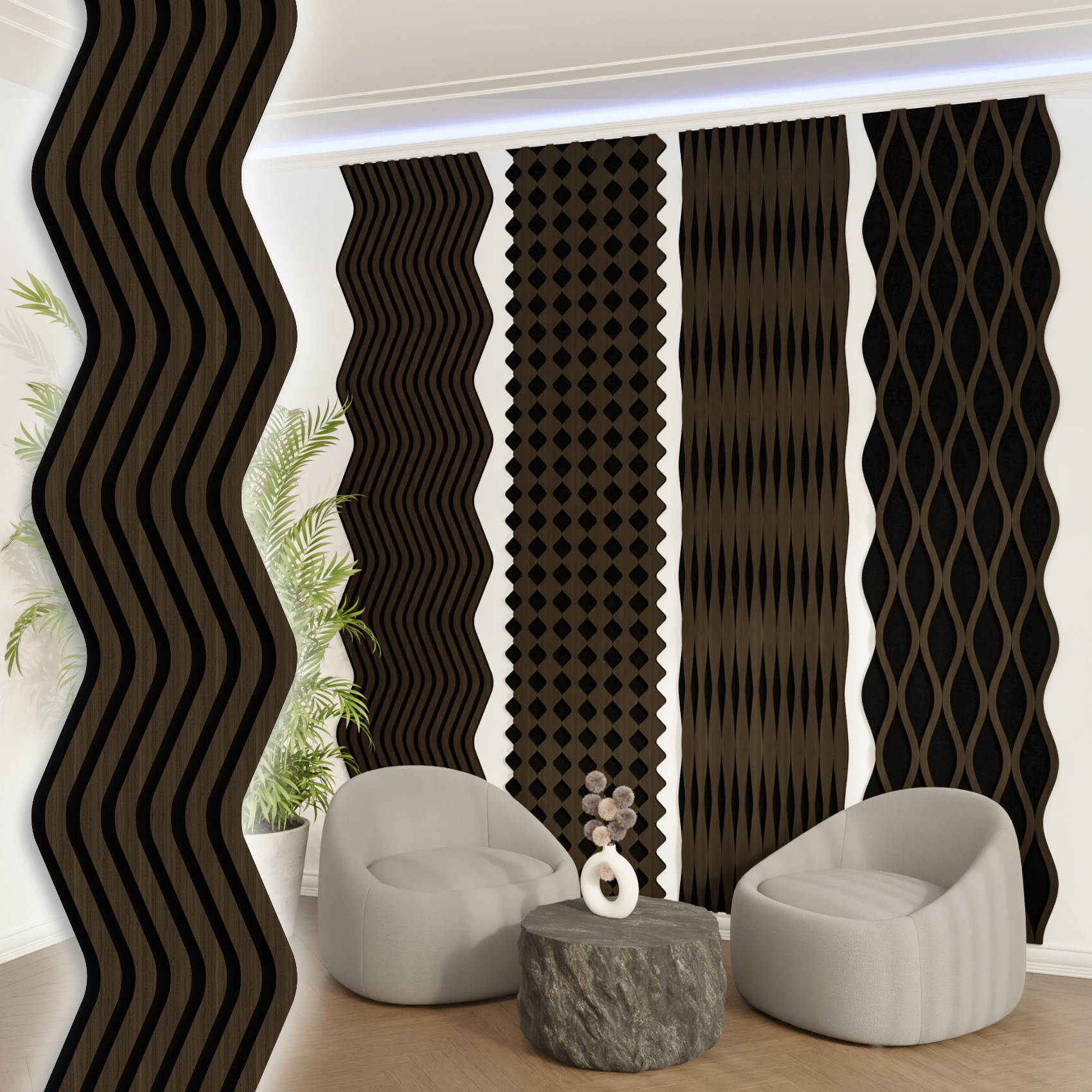 Akustiko Akustikpaneele Shaped 280x30cm Mdf Holz Wandpaneele Lamellen Xxl Holzpaneel Echtholzfunier 21mm Filz: Chevron, 10 Paneele