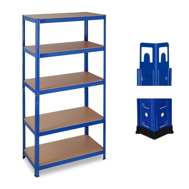 Schwerlastregal, Traglast 875 kg, 5 Ebenen, zum Stecken, Keller, Garage, HxBxT 180x90x45 cm, Stahl & mdf, blau - Relaxdays