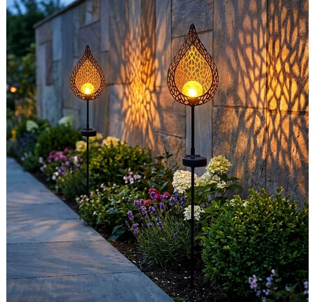 2er Set LED Solar Außen Lampe Flammen Optik Glas Kugel Steck Strahler gold Garten Erdspieß Lampen