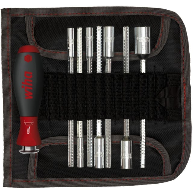 Schraubendreher mit Wechselklingen Set system 6 (27712), 9 tlg. für tiefliegende Schrauben, Innensechskant/Kreuz/TORX/Schlitz inkl. Rolltasche - Wiha