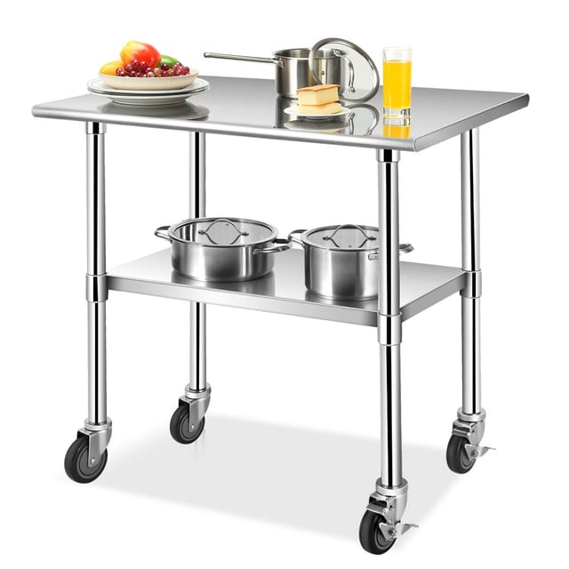 Arbeitstisch Edelstahl, Edelstahltisch mit Hoehenverstellbarer Ablage, Kuechentisch mit 4 Universalraeder 91,5 x 61 x 88,5 cm - Costway