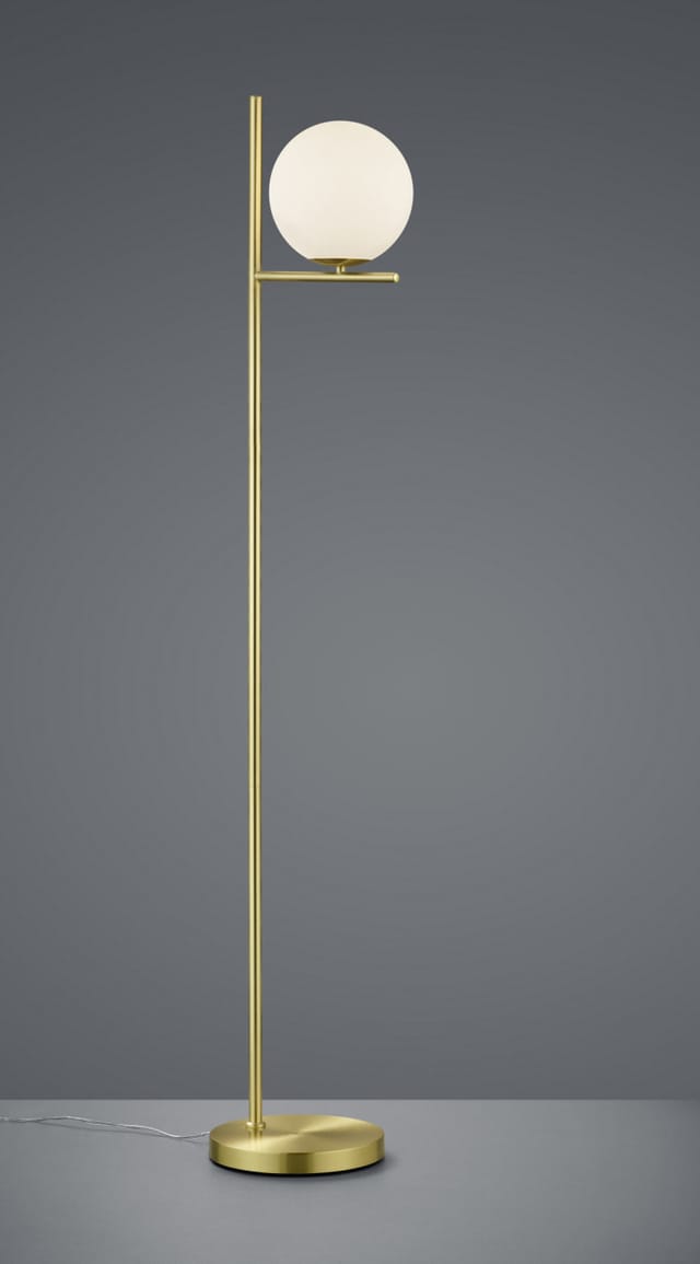 Retro Stehlampe pure Messing mit Glaskugel Lampenschirm Weiß, Höhe 150cm