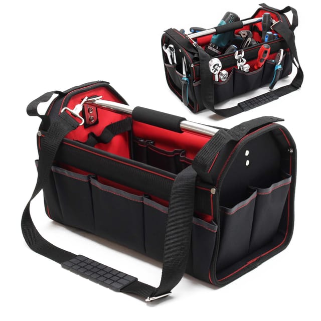 Wiltec - Werkzeugtasche Größe l 33x18,5x25 cm, Werkzeugbeutel mit verstellbarem Schultergurt und Tragegriff, Innen- und Außenfächer,