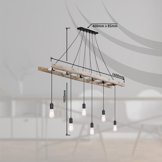 Globo - Pendelleuchte irmgard 6-flammig mit Leiter Holzbalken 192cm lang, Breite 160cm