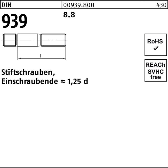 Stiftschraube DIN 939 M 10 x 25 8.8 Einschraubende=1,25d