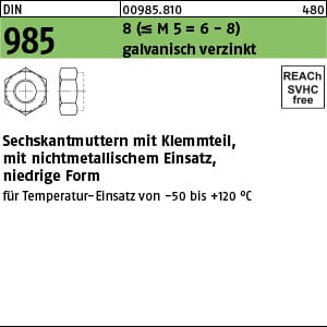 Sechskantmutter DIN 985 m.Klemmteil M 18 8 (=M 5 = 6/8 ) galvanisch verzinkt